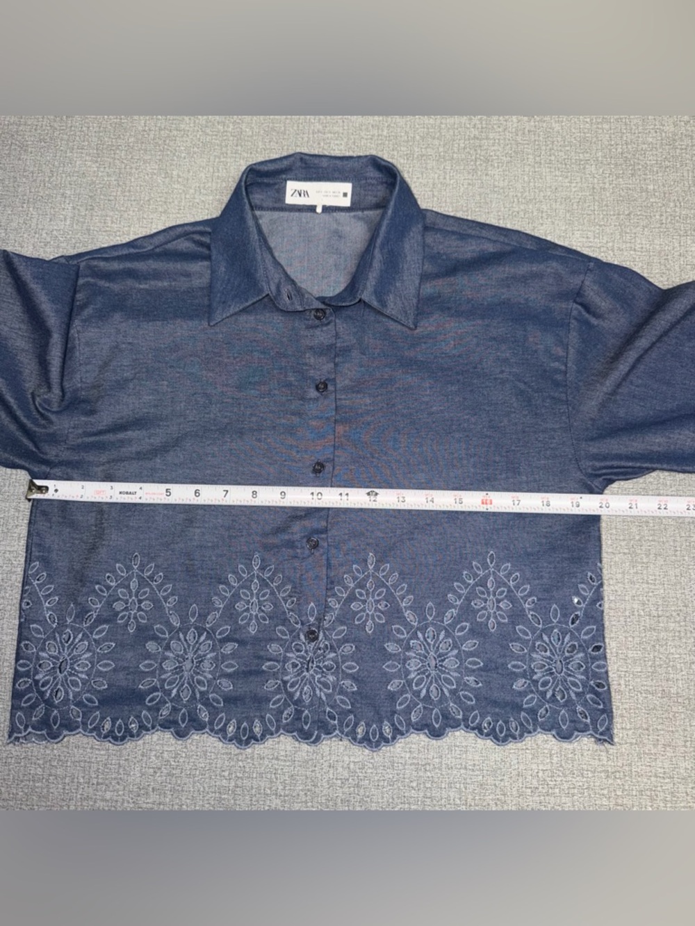 Zara Chambray Eyelet Embroidered Cropped Button Down Shirt - Picture 7 of 9
